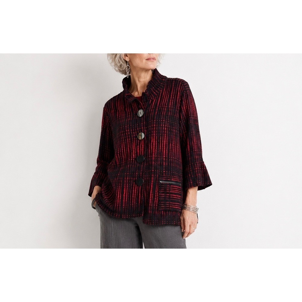 Ali Miles Womens 1X Red Black Textured Stripe Button Front Jacket Funnel Neck